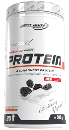Best Body Nutrition Gourmet Premium Pro Protein Blackberry Yoghurt 500g Dose, 4 Komponenten Eiweißpulver mit Caseinat, Whey, Isolat, Eiprotein – Mehrkomponenten Protein, cremiger Shake | 4 Eiweißquellen aus Caseinat, Molkenkonzentrat, Isolat und Eiprotein, ohne Aspartam, Geschmack Blackberry Yoghurt