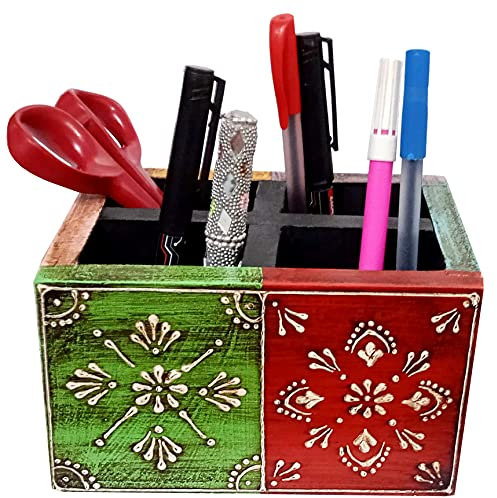 Purpledip Schreibtisch-Organizer aus Holz für Stifte, Handy oder Visitenkarten, handbemalt
