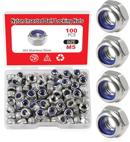 SPEEDWOX 100 Stück M5 x 0,8 mm Nylon-Einsatzmuttern, selbstsichernde Muttern, 304 Edelstahl, Sechskant-Kontermutter mit Aufbewahrungsbox für Sicherungsscheiben