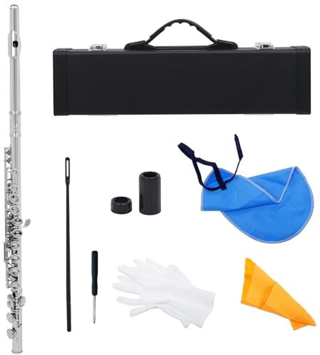Btuty Flutes, 16 Holes C Key Western Concert Flute Woodwind Instrument with Cleaning Cloth Stick Gloves Mini Screwdriver Padded Case