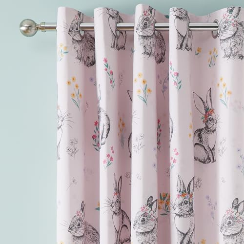 Catherine Lansfield Bunny Tails Ditsy Flowers Fully Reversible, 66x72 Inch, Eyelet Curtains, Two Panels, Pink