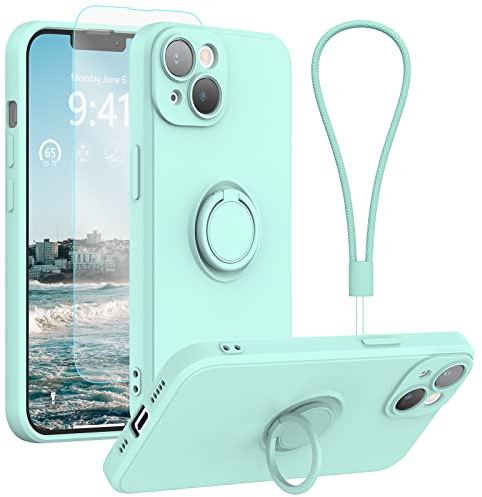 pcgaga Silicone Phone Case for iPhone 14 with Screen Protector [Ring Holder Stand] [Wrist Strap] [Microfiber Lining] Slim Shockproof Protective Cover, 6.1 Inch, Mint Green