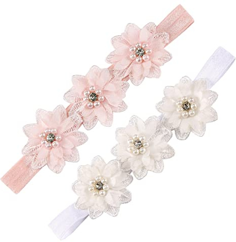 REQAG Baby Girls Hairband - 2pcs Soft Cotton Polyester Headbands with Floral Accessory, Ideal for Parties, Weddings, Festivals