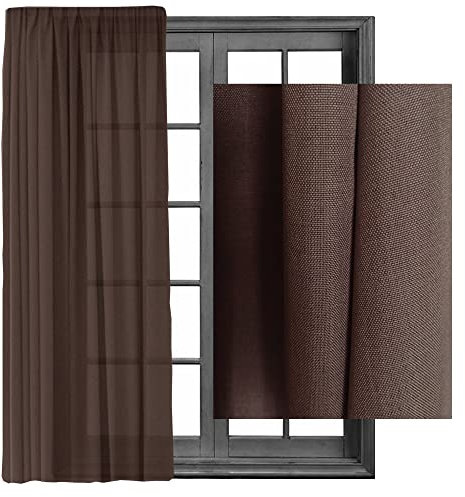 2X Gardinen Vorhänge Kräuselband Gardine Vorhang - Leinenlook Blickdicht Schal Dekoschal 140x245cm halbtransparent Leinen Optik Universalband (2, Dunkelbraun)