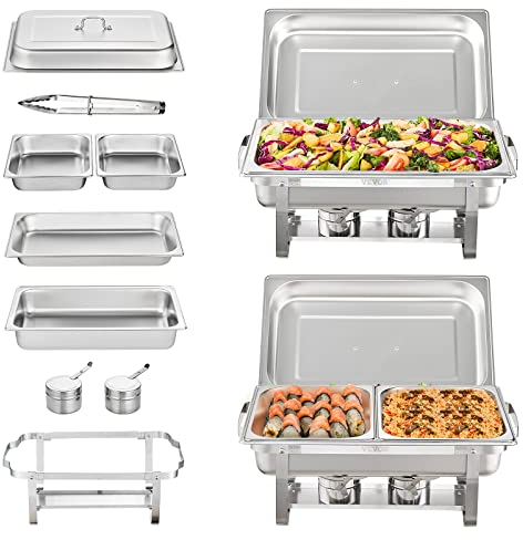 VEVOR Juego de Platos de Frotamiento Rectangulares 2 x 7,5 L Calentador de Bufé de Acero Inoxidable Calentador de Alimentos con 4 Sartenes de Tamaño Medio 3,5 L para Bufé Hotel Catering Restaurante