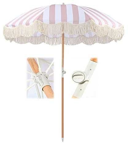 YFZNWHX Parasol Rayé 2m/6.5ft, Parasol Vintage À Franges, Parasol De Jardin, Parasol De Vacances, Parasol De Plage Extérieur avec Fonction D'inclinaison, 8 Baleines, Mât en Bois