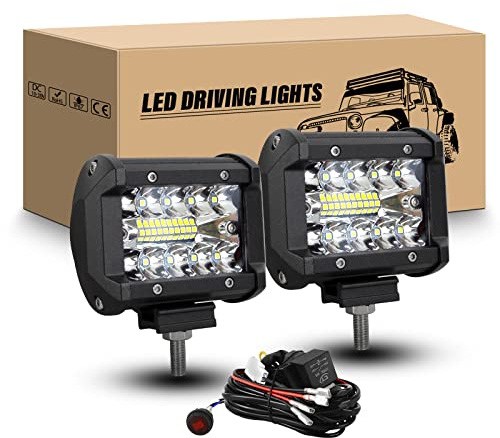 RIGIDON 2PCS 10cm 60W phare de travail led avec 12V câblage kit, IP67 etanche Projecteur LED voiture, 6000K feux antibrouillard pour tout terrain 4x4 moto auto camion tracteur suv bateau
