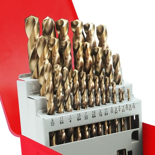 AIMLENTOOL 29Pcs Cobalt Drill Bits Set, M35 HSS 135° Tip, Twist Jobber Length Drill Bit Kit for Hardened Metal, Stainless Steel, Cast Iron, Plastic and Wood with Metal Indexed Storage Case 1/16-1/2