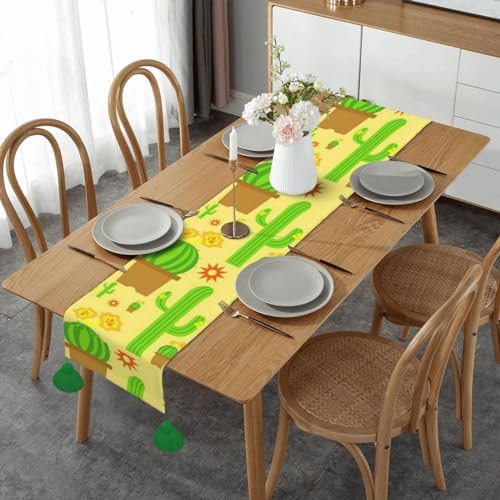 Chemin de table imprimé cactus jaune, chemins de table imitation toile de jute, Halloween, Noël, Nouvel An et autres décorations de vacances, 152,4 cm