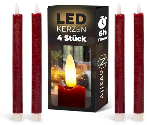 Stabkerzen LED mit Timer Rot 4 Stück Rot indoor - 6 Stunden - ECHTWACHS 24cm Höhe für Kerzen 2,2cm Durchmesser 2 AAA Batterien notwendig LED Stabkerzen flackernde Flamme bewegliche Flamme Licht