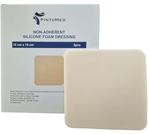 PintoMed - Pansement stérile en mousse PU non adhésif sans bordure 15 cm x 15 cm boîte de 5 pansements. Absorbant. Pour le traitement des plaies chroniques et aiguës.