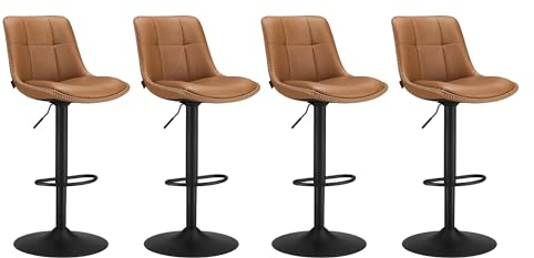 VASAGLE Barhocker 4er Set, Barstühle höhenverstellbar, drehbare Küchenhocker, gesteppter PU-Bezug, mit Rückenlehne und Fußstütze, Esszimmer, Theke, Stahl, karamellbraun LJB295K01