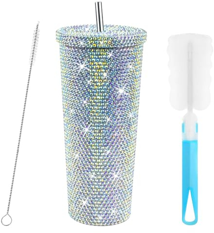 REFORUNG Vasos de Acero Inoxidable con Tapa y Pajita 750ml, Taza de Café Termica Aislamiento de Doble Pared con Purpurina de Diamante Vaso Aislado de Acero Inoxidable con Cepillos para Agua Leche Jugo