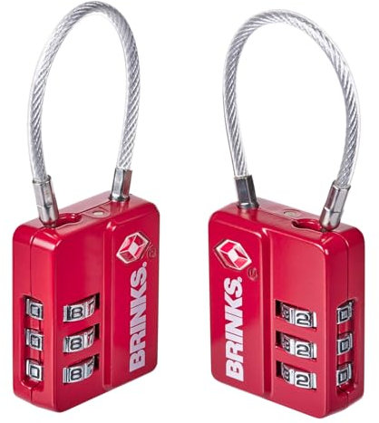 BRINKS – 1-1/8” TSA Approved Luggage Travel Padlock – 2 Pack- 3 Dial Resettable Combination Luggage and Suitcase Lock with Zinc Body and Flexible Cable Shackle (Assorted Colors)