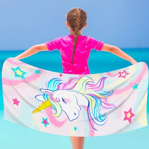 Aheagou Strandtuch Für Kinder 75 x 150 cm Mädchen Einhorn Strandhandtuch Mädchen Badehandtuch Ultra Saugfähig Superweich Stranddecke Pool Reisen Schwimmen Duschtuch