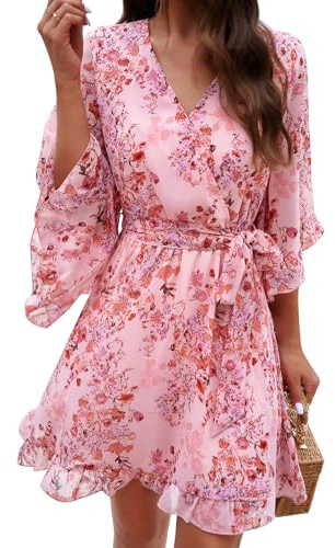 Odizli Abito estivo da donna, corto, elegante, floreale, in chiffon, con scollo a V, avvolgente, Colore: rosa., S