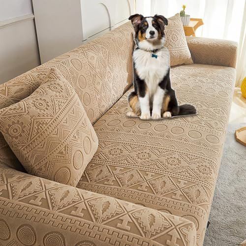 KCCRHIN Jacquard Samt Sofabezug 1-5 Sitzer Elastisch Couch Überzug Ecksofa L Form Sofa Cover rutschfest Weich Stretch Sofa Überzug Universal Couchbezug Für Katze Hunde,A3,4 seat 235~300cm