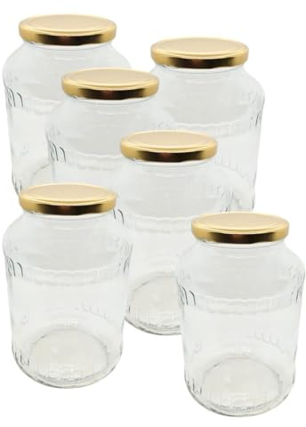 DIAH DO IT AT HOME 6 Pack 1500ml Decorative Glass Jars with Gold Lids - Large 1.5L Airtight Jars for DIY Pickling, Honey & Preserves - Elegant Embossed Glass for Kitchen Storage (Set of 6 x 1.5L)