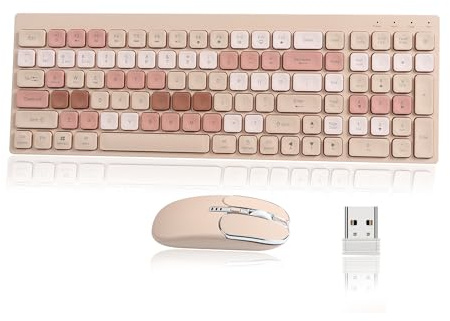 KeautFair Wireless Keyboard and Mouse Combo, 2.4G & Bluetooth Dual Mode Mute Click, Rechargeable Portable Bluetooth Keyboard for Windows, Computer, Desktop, Pc, Laptop. (Milk Tea Color)