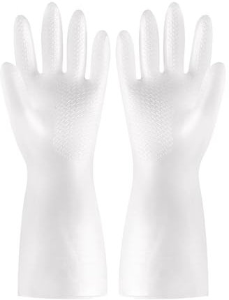 xinxinyu Reusable Household Cleaning Gloves,Extra Thickness＆Long Sleeves,Reusable Rubber Dishwashing Cleaning Gloves for Kitchen Cleaning Working Painting Gardening Pet Care (White)