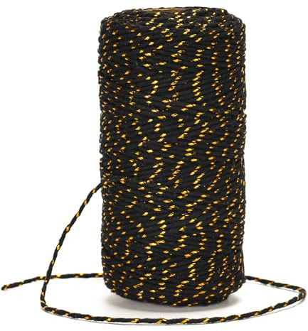 KINGLAKE Spago in cotone nero con filo dorato, 100 m, in cotone metallizzato glitterato, per confezioni regalo, artigianato, decorazioni natalizie, giardinaggio