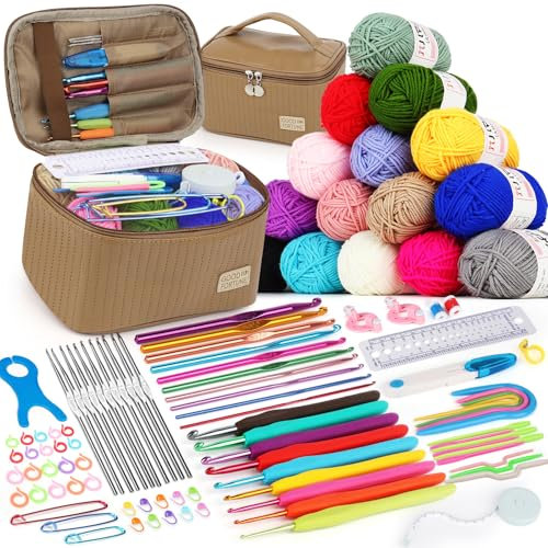 Aeeque Kit de Crochet pour Débutants avec Crochets Ergonomiques, pour Chaussettes, Écharpes, Pulls, Couvertures - Kit Coloré pour Enfants avec Accessoires, Sac Marron