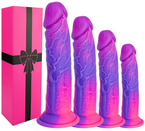 4-Piece Realistic Silicone Colorful Funny Dildo Set (7 8 9 10), Fantasy Pink Purple Dildo Anal Plug Trainer Set for Beginners, G-Spot Prostate Dildo no Balls Suction Cup for Strap on Sex Toys