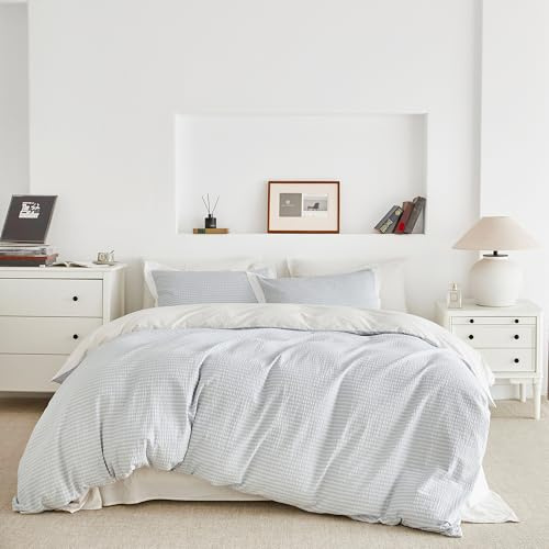 SUSYBAO Seersucker Duvet Cover King 100% Cotton 3 Pcs Set 1 Blue Textured Duvet Cover with Zipper Ties 2 Pillow Shams Washed Cotton Chic Soft Light Blue Striped Bedding Set Breathable