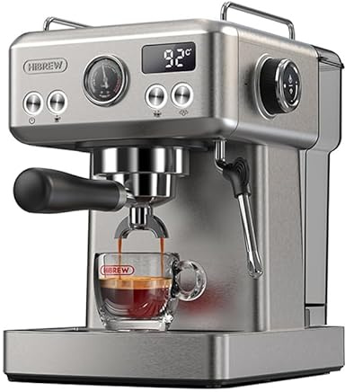 HiBrew Macchina da caffè espresso H10A (argento), macchina da caffè semiautomatica da 20 bar, in acciaio inox compatto, riscaldamento rapido, controllo della temperatura, forte schiuma a vapore per