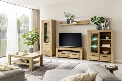 Wohnwand >GRENO< Fronten in Wildeiche massiv geölt, zeitlose Optik, in den Maßen ca. 346 x 200 x 54 cm (B/H/T) - mit optimalen Stauraum für Ihr Zuhause - Wohnzimmer-Set Anbauwand Wohnzimmerschrank
