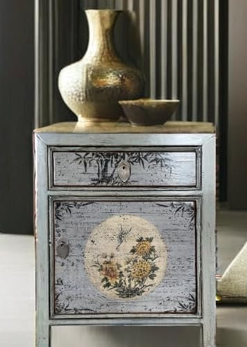 OPIUM OUTLET Bedside Table Bedside Cabinet Bedside Cabinet Asian Oriental Chinese Vintage Shabby Chic Delivered Fully Assembled (Light Grey)