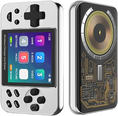 Tragbare Spielkonsole, Handheld Spielekonsole, Retro Handheld Game Console, Retro Handheld Konsole, Mit 5000 mAh Battery 6000+ Classic Games E-Book Film Musik Kabelgebundenes Kabelloses Laden (Silber)
