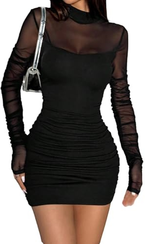 GORGLITTER Damen Minikleid Langarm Kleid Bodycon Partykleid Mesh-Ärmel Enge Kleider Bleistiftkleid Stehkragen Figurbetontes Kleid Schwarz M