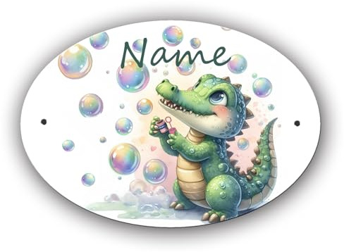 Maus-Design Türschild personalisiert mit Name und Schriftartwahl, Krokodil | Kunststoff, Oval, 12,7 x 8,8 x 0,2 cm, 2 Bohrungen