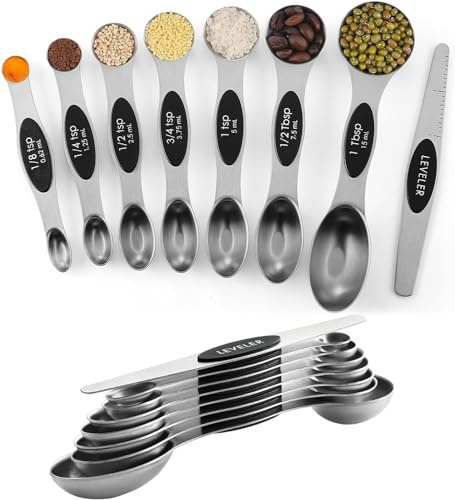 Juego de 8 cucharas medidoras magnéticas de acero inoxidable, de doble cara, apilables, cucharadita ajustable y cuchara medidora con nivelador, juego de 5 utensilios de cocina
