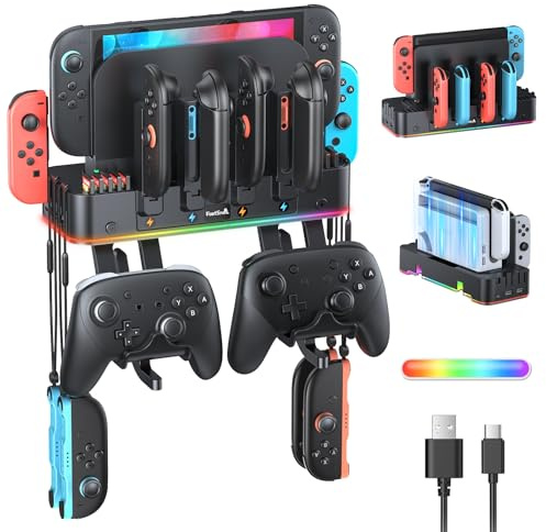 FASTSNAIL RGB Switch 2 (2025) Wall Mount Kit for Joycon Charger | Switch Accessories Organizer with 15 Light Mode, 2 USB Port, 10 Card Slot, Safely Store Switch Console Behind TV