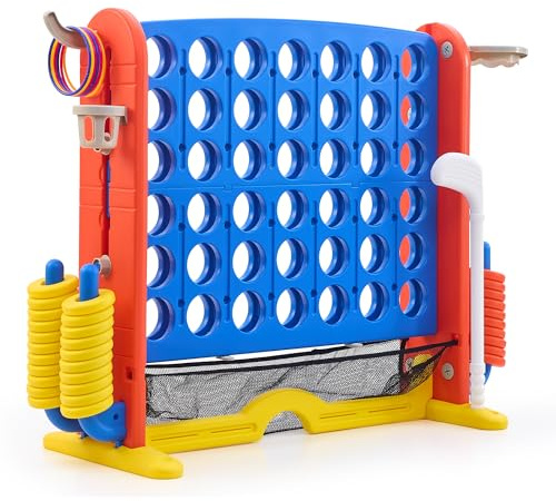 Riesiges 4 Gewinnt Spiel, 4 in Einer Reihe Strategiespiel Höhenverstellbar, 4 in Reihespiel Brettspiel mit Basketballkorb, Golf-Putting, Wurfspiel, Netztasche für Kinder & Erwachsene