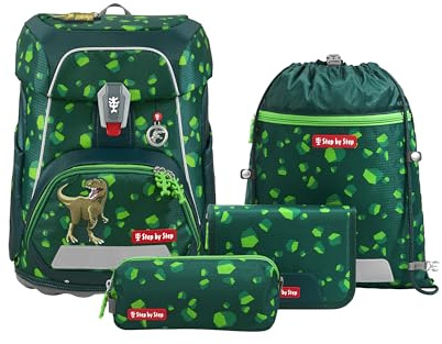 Step by Step Schulranzen-Set FIT „Dino Targo“ 5-teilig, grün, Dino-Design, ergonomischer Tornister mit Reflektoren, höhenverstellbar mit Hüftgurt für Jungen ab der 1. Klasse, 19L