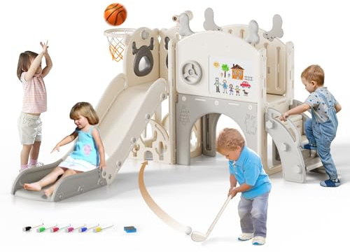 10 in 1 Elk theme Children's Slide for 1-3 Years, Baby Slide with a variety of toys such as children's golf sets, basketball stands, drawing boards, etc, Toddler Slide