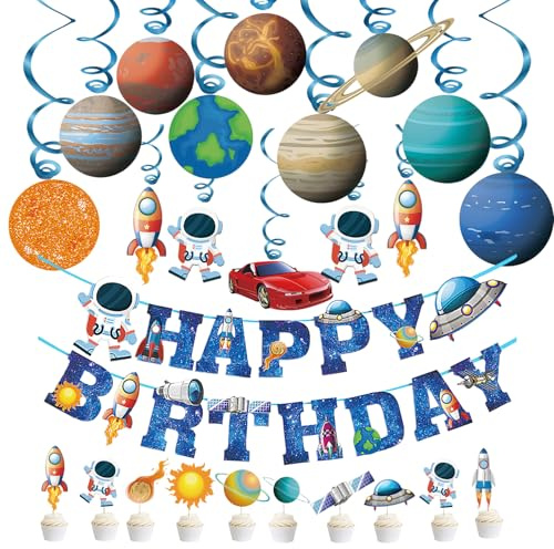 Planeten Deko Set - 26-teiliges Sonnensystem Modell, Weltraum Kinderzimmer Dekoration mit Astronauten und Raketen, Weltall Girlande für Weltraum Geburtstagsparty