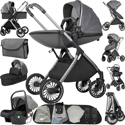 Prokoke Kinderwagen 4 in 1, Kombikinderwagen 4 in 1 mit Umkehrbarem Zwei-Wege-Schub, Kinderwagen Rahmen Aluminiumlegierung, Buggy Einem Klick Faltbar Baby Kleinkind Neugeborene (688 Deep Grey)