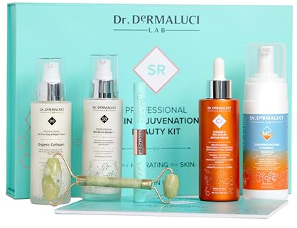 Dr. Dermaluci Lab - Presentlåda för kvinnor/män födelsedag BIO 460 ml - anti-rynk, fuktgivande - mousse + serum vitamin C + boosters + grädde kollagen jaderulle ögonfransserum - tillverkad i Italien