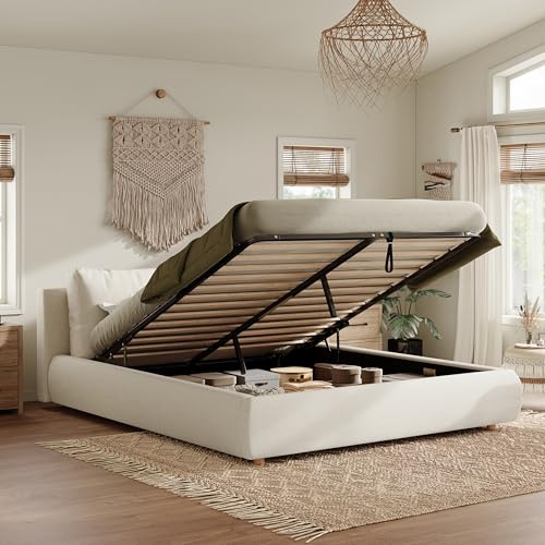 ModernLuxe 4FT6 Cloud Double Bed Frame with Storage, Elegant Upholstered Ottoman Bed Featuring 2 Soft Cushions with Removable Covers, Cozy Boucle Fabric, Warm White Finish, 135x190cm
