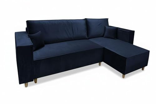 MARPUR Ecksofa Rio, Eckcouch in L-Form mit Schlaffunktion und Bettkasten, Farbe: Blau, Velourstoff, Ottomane Universal