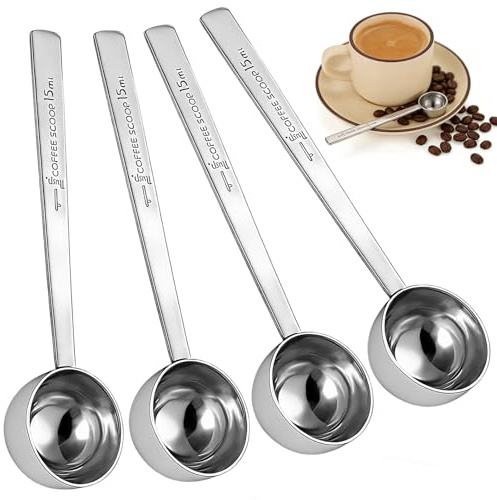 4 Stück Kaffeemaßlöffel Portionierer 15ml, Kaffee Messlöffel mit Langem Griff Kaffeelöffel, Edelstahl Kaffeedosierlöffel Measuring Cups Scoop, für Kaffee, Losen Tee, Gewürze Zutaten