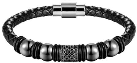 HUIANGLIYG Cz Lederarmband Für Damen Und Herren, Geflochtenes Echtlederarmband Mit Magnetverschluss, Unisex-Wickelarmband, Vintage-Punk-Stil, Handgefertigter Schmuck, Geschenkidee, Schwarz, 17 Cm