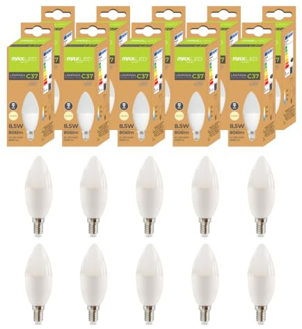 Maxled, Light is Led! 10 Pack E14 LED Stearinljuslampa 4000K Dagsljusvit C37 Energisparlampa 8,5 W Glödlampa Ersätter 64W Halogenlampa 806 Lumen LED Brännare 200° Ljuskälla Ej Dimbarr AC 230V