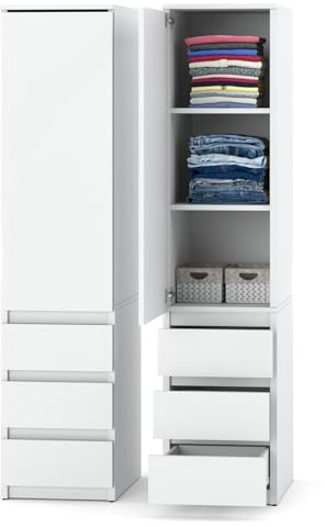 ELVA Kleiderschrank 40 cm breit – Modularer Mehrzweckschrank Weiß – Grifflos Design Hochschrank mit Schubladen & Türen – Schmaler Vorratsschrank für Schlafzimmer, Flur & Büro (Arktisches Weiß)