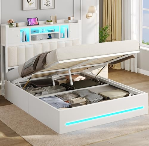 AOGLLATI Letto Contenitore 140x200 cm con Sollevamento Idraulico, Letto Matrimoniale con Luci LED e Porta USB, Sommier a Doghe in Legno, Testiera Imbottita Nero con 7 Vani Portaoggetti, Bianco