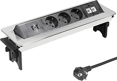 Elbe Inno infällbart bordsuttag 2xUSB, 3 fack strömställare med 2xRJ45 nätverksuttag, inbyggt uttag, barnsäkerhetsspärr, förkromad optik, halvautomatisk lock, 1,5 m kabel, för kontor